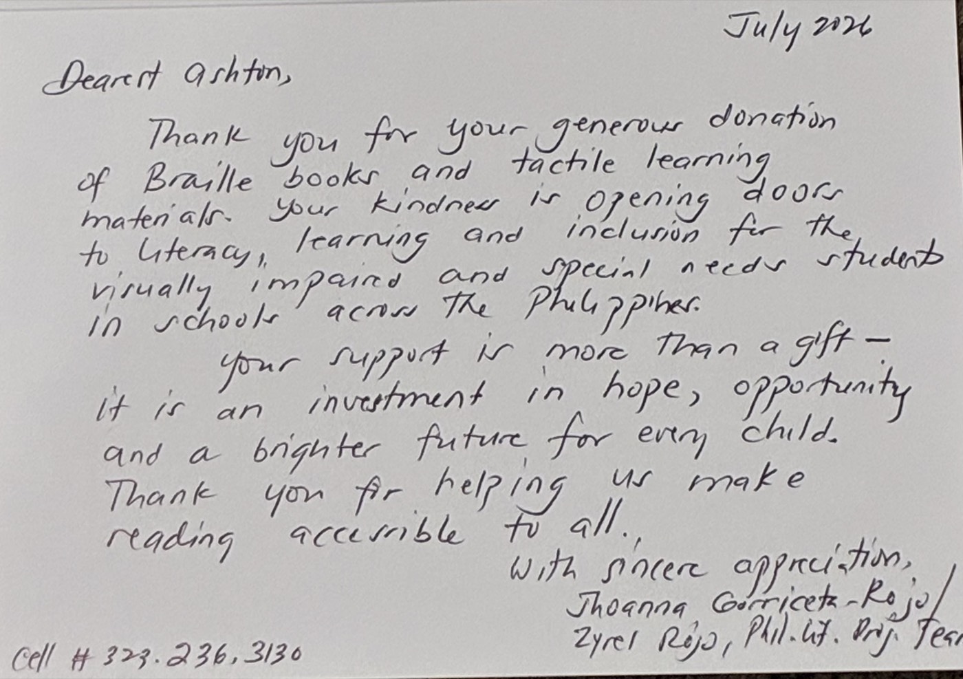 Handwritten thank-you card from Jhoanna Gorriceta-Rojo and Zyrel Rojo of the Philippine Literacy and Technology Project